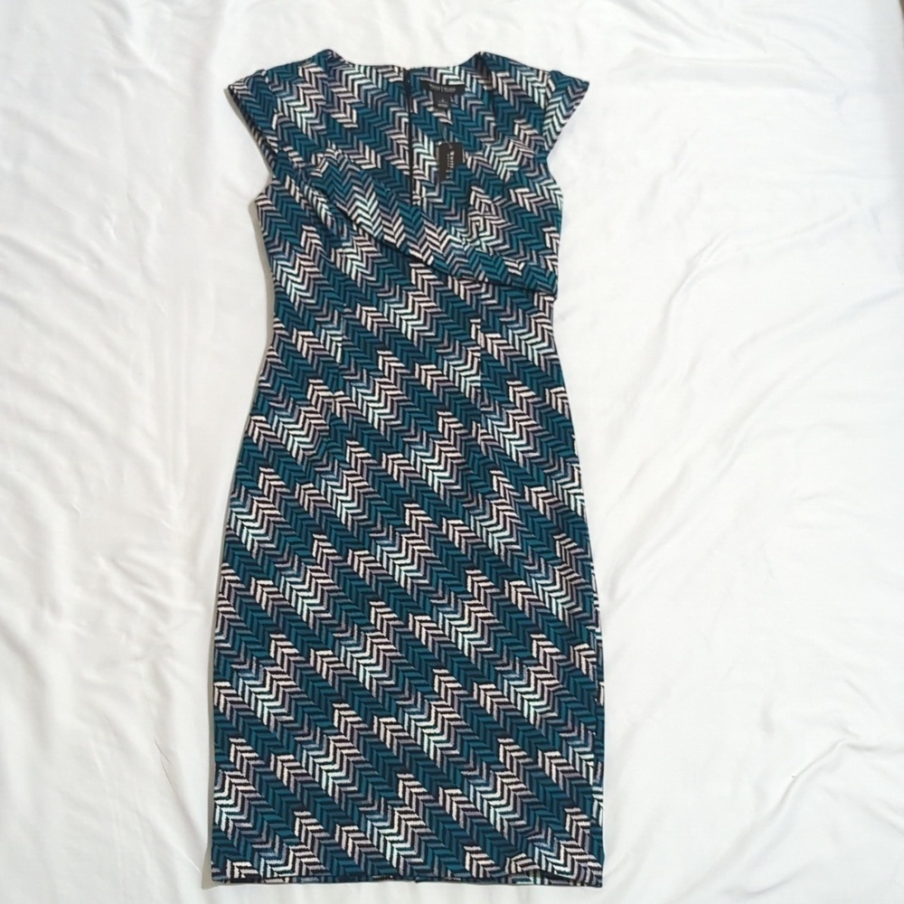 White House Black Market CS ZZ Print Sheath Dress, Black/White/Teal Size 4 - Picture 2 of 16